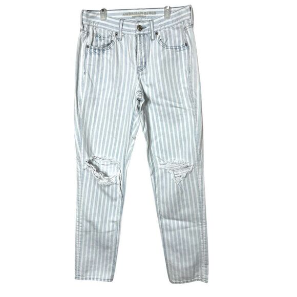 American Eagle Tomgirl Jeans Size 4 Long Button Fly Blue White Striped - Picture 1 of 10